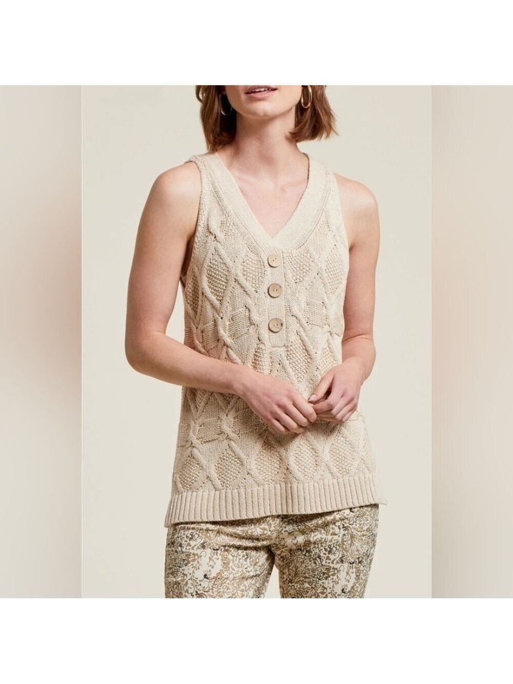 Tribal Beige Knit Fisherman Sweater Vest XS